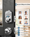 Experience secure keyless entry with a fingerprint sensor and PIN keypad, featuring auto lock, two backup keys on a door