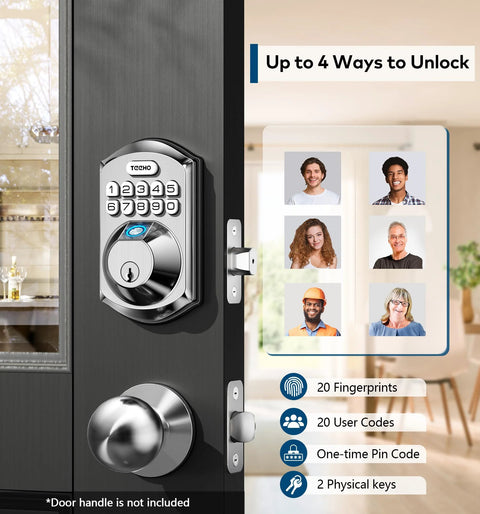 Experience secure keyless entry with a fingerprint sensor and PIN keypad, featuring auto lock, two backup keys on a door