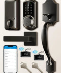 Smart Front Door Lock with app control and keyless entry provides secure, convenient access for homes, apartments, and offices, featuring full set with handle, keypad, keys, app, and fobs.