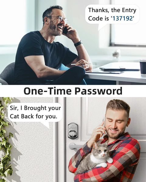 Two men talking on phones about a one-time password; one holding a cat by a smart door lock with fingerprint sensor and keypad.