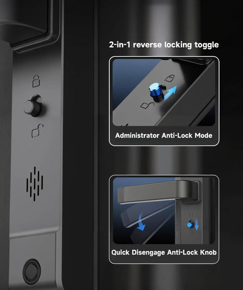 Close-up of Slim Sliding Glass Door Lock 2885 Latch Waterproof Keyless Mortise Smart Lock, showing locking toggle and handle.