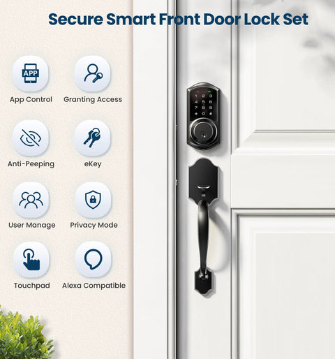 Smart Front Door Lock with app control and keyless entry on a white door featuring lever handle and touchscreen keypad