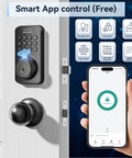 Smart fingerprint keypad deadbolt with handle set delivers keyless entry, rapid 0.3s fingerprint unlock, app control, and auto locking for secure, convenient access; easy DIY installation suits most standard front doors in a matte black finish shown on a door with smartphone app interface.