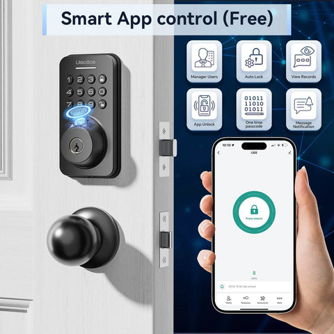 Smart fingerprint keypad deadbolt with handle set delivers keyless entry, rapid 0.3s fingerprint unlock, app control, and auto locking for secure, convenient access; easy DIY installation suits most standard front doors in a matte black finish shown on a door with smartphone app interface.