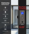 Side view of Smart Fingerprint Glass Sliding Door Lock LG75TY with app control on door frame, features highlighted.