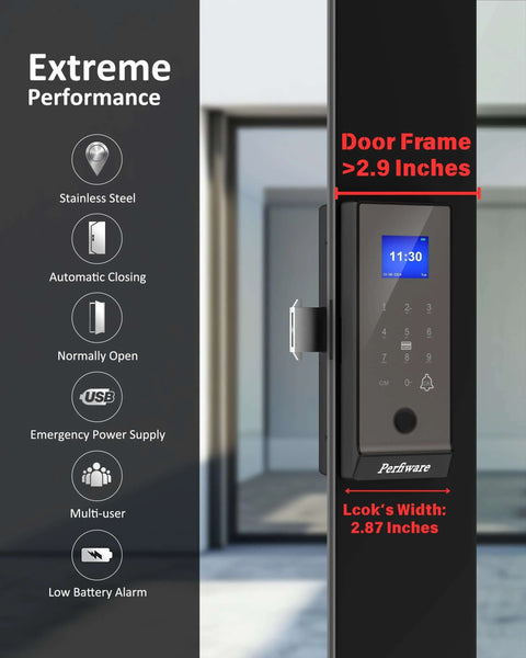 Side view of Smart Fingerprint Glass Sliding Door Lock LG75TY with app control on door frame, features highlighted.