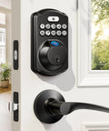 Smart fingerprint door lock with keypad and dual lever handles offers 0.3 second fingerprint unlock installed on white front door