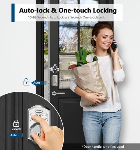 Woman entering home with a smart door lock featuring fingerprint sensor, PIN keypad, and auto-lock, holding groceries, highlighting convenient access.