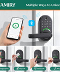 Experience seamless keyless entry with a smart door lock featuring fingerprint recognition, keypad access, app control, fob, physical key, and Alexa compatibility for front doors.