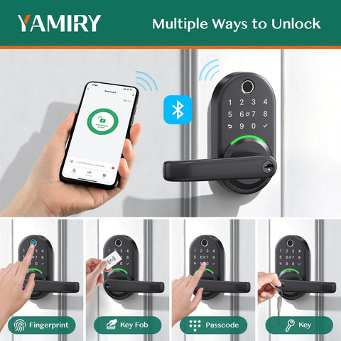 Experience seamless keyless entry with a smart door lock featuring fingerprint recognition, keypad access, app control, fob, physical key, and Alexa compatibility for front doors.
