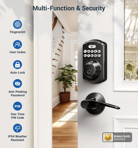 Smart fingerprint door lock with keypad and dual lever handles offers 0.3 second fingerprint unlock, supports up to 20 user fingerprints, auto locks after a chosen delay, and simple installation for secure, convenient keyless entry at your front door.