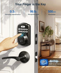 Smart fingerprint door lock with keypad and dual lever handles offers 0.3 second fingerprint unlock, supports up to 20 user fingerprints, auto locks after a chosen delay, and simple installation for secure, convenient keyless entry at your front door installed on a white door in a modern home interior.