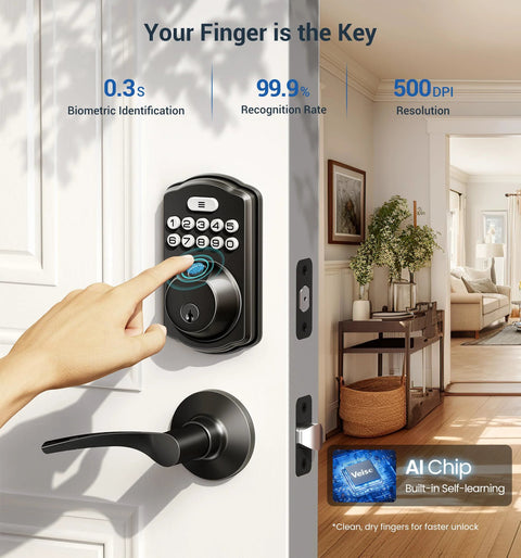 Smart fingerprint door lock with keypad and dual lever handles offers 0.3 second fingerprint unlock, supports up to 20 user fingerprints, auto locks after a chosen delay, and simple installation for secure, convenient keyless entry at your front door installed on a white door in a modern home interior.