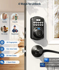 Smart fingerprint door lock with keypad and dual lever handles offers 0.3 second fingerprint unlock, installed on front door