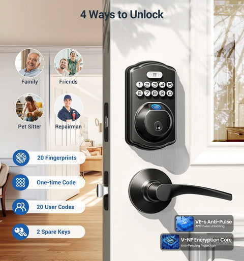 Smart fingerprint door lock with keypad and dual lever handles offers 0.3 second fingerprint unlock, installed on front door