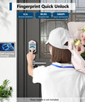Person using smart fingerprint door lock with PIN keypad on front door, experiencing secure keyless entry with fingerprint sensor and PIN keypad.