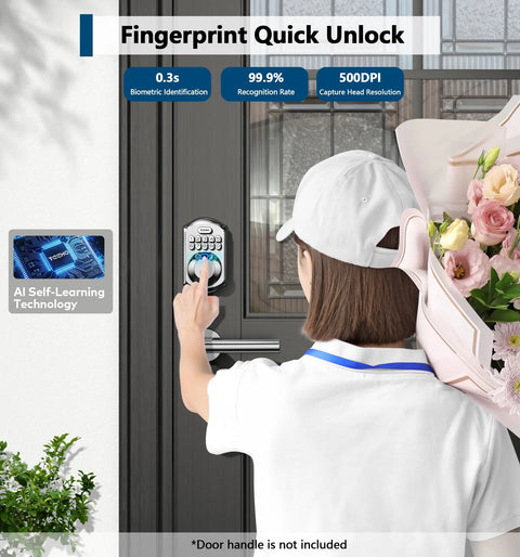 Person using smart fingerprint door lock with PIN keypad on front door, experiencing secure keyless entry with fingerprint sensor and PIN keypad.