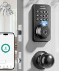 Smart fingerprint keypad deadbolt with handle set on a door, showcasing keyless entry and app control, matte black finish.