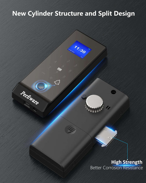 Smart Fingerprint Glass Sliding Door Lock LG75TY with app control and keyless safety lock, showing front panel and components.