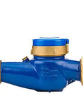 Smart Hydrawise Flow Meter for Controllers with 2 Inch NPT Thread, blue and brass body, side view, Model HC200FLOW.