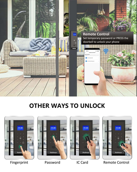 Smart Fingerprint Glass Sliding Door Lock LG75TY With App Control And Keyless Safety Lock on patio door.