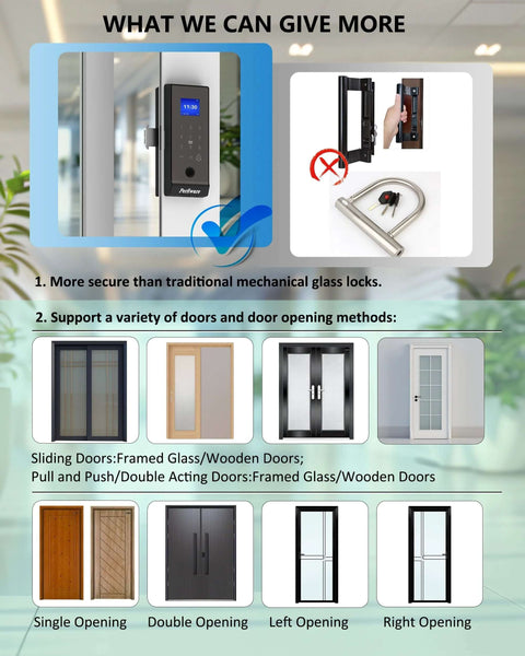 Smart Fingerprint Glass Sliding Door Lock LG75TY With App Control and Keyless Safety Lock displayed on glass door