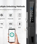 Slim Sliding Glass Door Lock 2885 Latch Waterproof Keyless Mortise Smart Lock shown with unlocking methods and smartphone app control