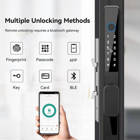 Slim Sliding Glass Door Lock 2885 Latch Waterproof Keyless Mortise Smart Lock shown with unlocking methods and smartphone app control