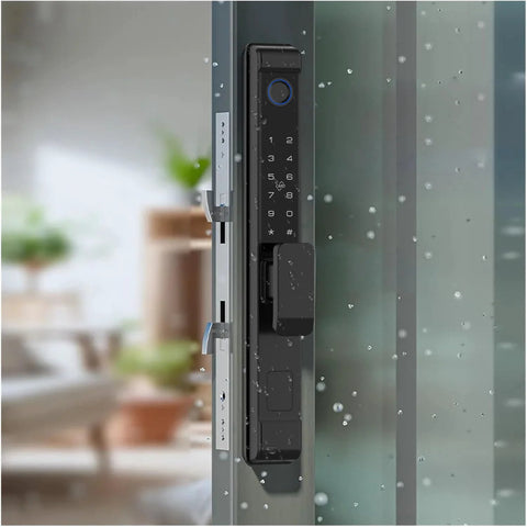 Slim Sliding Glass Door Lock 2885 Latch Waterproof Keyless Mortise Smart Lock with Hook on sliding glass door in rain