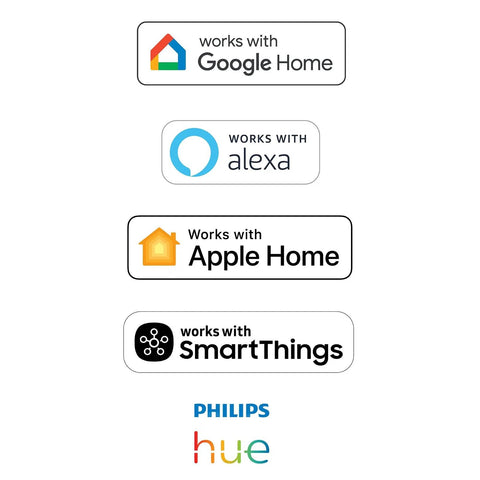 Logos showing compatibility with Google Home, Alexa, Apple Home, SmartThings, and Philips Hue.