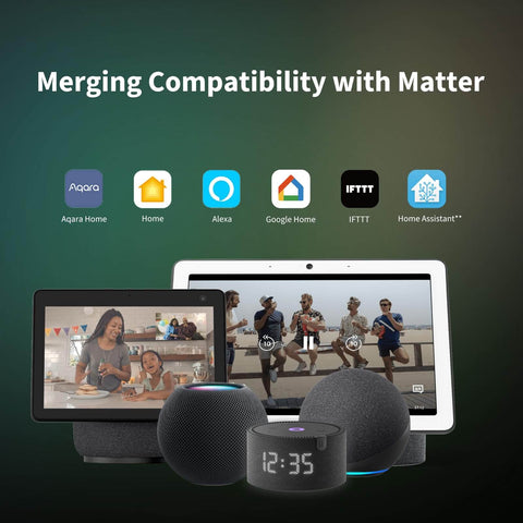Smart home hubs and displays showcasing compatibility with Matter, including Alexa and Google Home in the background of devices.