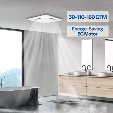 Smart Humidity Sensor Bathroom Exhaust Fan With Energy Saving EC Motor Delivers 110 CFM At Just 12.5W Quiet Ceiling Retrofit