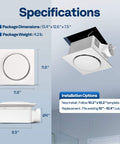 Specifications of Smart Humidity Sensor Bathroom Exhaust Fan With Energy Saving EC Motor Delivers 110 CFM At Just 12.5W