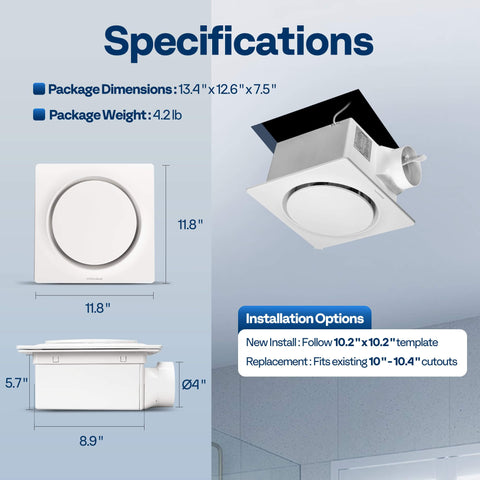 Specifications of Smart Humidity Sensor Bathroom Exhaust Fan With Energy Saving EC Motor Delivers 110 CFM At Just 12.5W