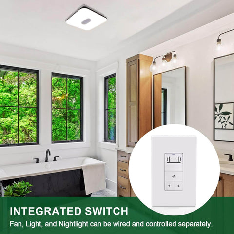 Smart Humidity Sensor Light Switch for Bathroom Exhaust Fans, Ventilation Fans, LED Lights, and Night Light with Auto Humidity Control, Timer Function, 3 Amp UL Listed, White Akicon shown installed in a modern bathroom.