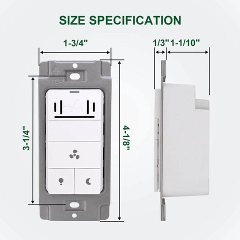 Size specification for Smart Humidity Sensor Light Switch for Bathroom Exhaust Fans, Ventilation Fans, LED Lights, and Night Light with Auto Humidity Control, Timer Function, 3 Amp UL Listed, White Akicon shown from front and side view.