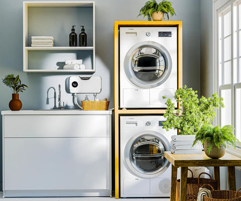 Smart Laundry System With O3 Water Technology Delivers Detergent Free Cleaning For Every Load By Transforming Tap Water Into Ozone Rich Cleaning Water Suitable For Standard Washers And Under Counter Installation integrated with standard washer setup