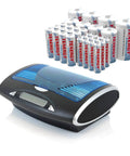 Smart Universal Charger With LCD And 32 NiMH Rechargeable AA AAA C D Batteries, shown with blue and black design and multiple batteries.