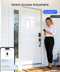 Woman using app to unlock front door with an 8-in-1 fingerprint smart lock featuring app control, auto lock, and touchscreen keypad.