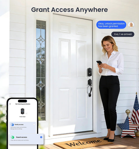 Woman using app to unlock front door with an 8-in-1 fingerprint smart lock featuring app control, auto lock, and touchscreen keypad.