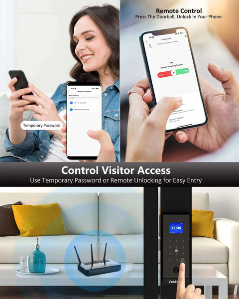 Smart Fingerprint Glass Sliding Door Lock LG75TY With App Control demonstrating remote unlocking via smartphone