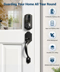 Smart Front Door Lock with app control and keyless entry provides secure, convenient access for homes with lever handle, keypad.