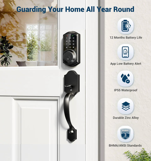 Smart Front Door Lock with app control and keyless entry provides secure, convenient access for homes with lever handle, keypad.
