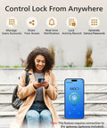 Woman using smartphone app for Wi-Fi smart lock with gateway, showing remote control and keyless entry features.