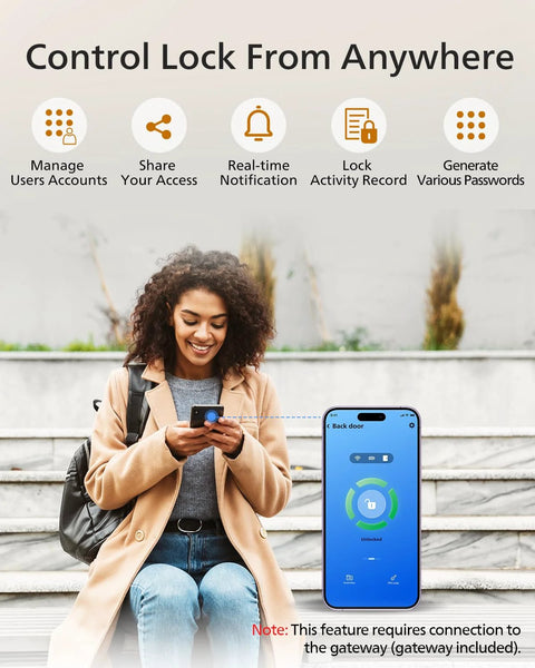 Woman using smartphone app for Wi-Fi smart lock with gateway, showing remote control and keyless entry features.