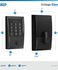 Smart WiFi Front Door Deadbolt With Keyless Entry App Remote Locking Voice Control Works With Alexa Google Assistant And Airbnb Create Up To 100 Guest Codes Matte Black Finish For Easy Home Access Management, front and side view.
