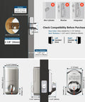 Smart fingerprint door lock with PIN keypad, showing installation on standard front doors for homes, apartments, and offices.