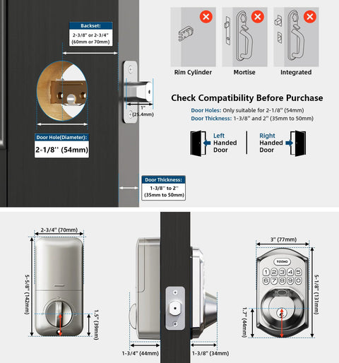 Smart fingerprint door lock with PIN keypad, showing installation on standard front doors for homes, apartments, and offices.