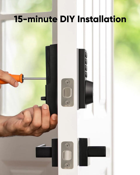 Keyless Entry Smart Lock With Built In WiFi Keypad Deadbolt For Front Door No Bridge Required Easy Installation With App Remote Control Auto Lock And Voice Control Battery Level Indicator And Secure Access Management BHMA Grade 3 being installed on a door with screwdriver.