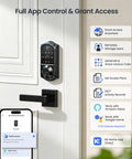 Experience effortless security with an 8-in-1 fingerprint smart lock featuring app control, mounted on a white door with a smartphone app displayed.